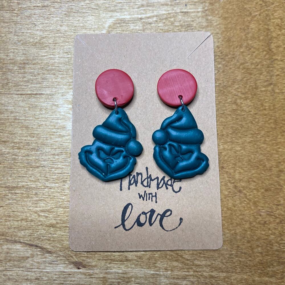 Grinch Earrings Christmas Green Grumpy Mean One Red Button